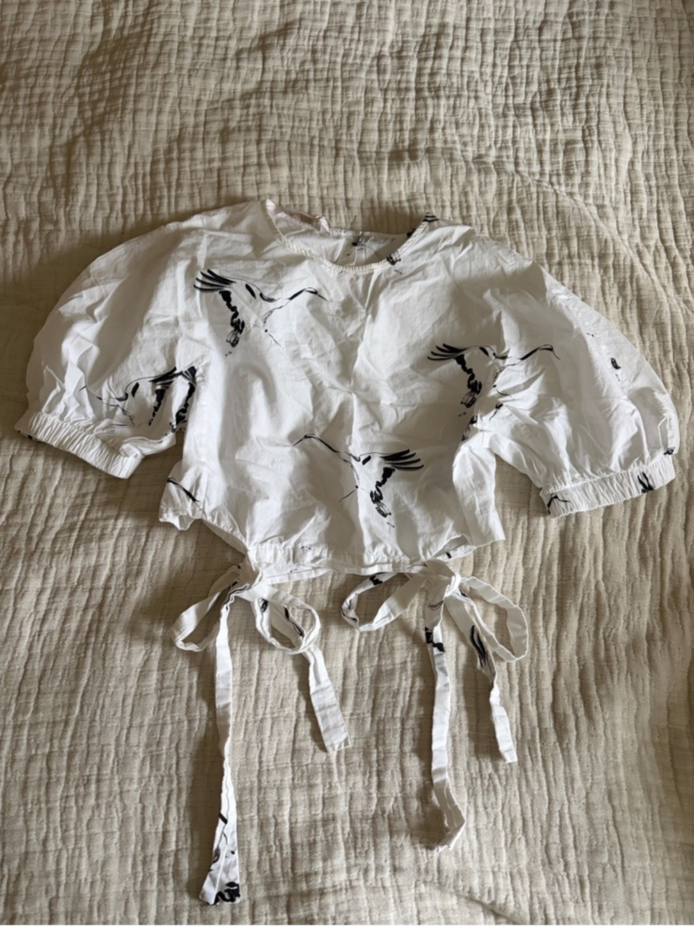 ZARA White Tie-Front Crop Top with Black Crane Sketches